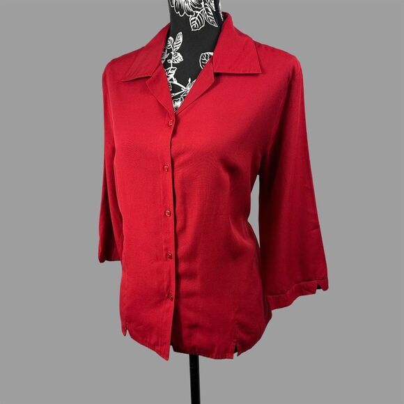 Karen Scott Collared 3/4 Sleeve Button-Up Blouse - Women’s Large - Deep Red - Picture 2 of 5